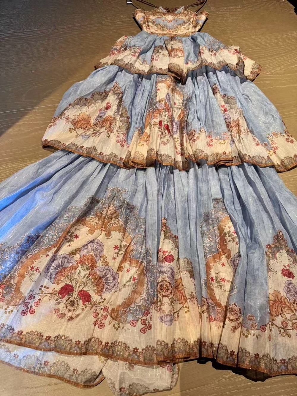 Zimmermann Blue and Cream Tiered Spaghetti-Strap Maxi Dress - Picture 3 of 11